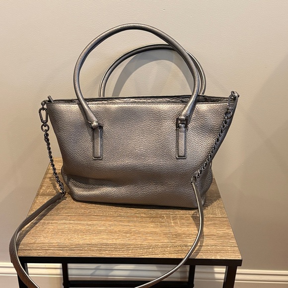 Tory Burch Metallic Gunmetal Leather Shoulder Tote with Tassel - Picture 3 of 6